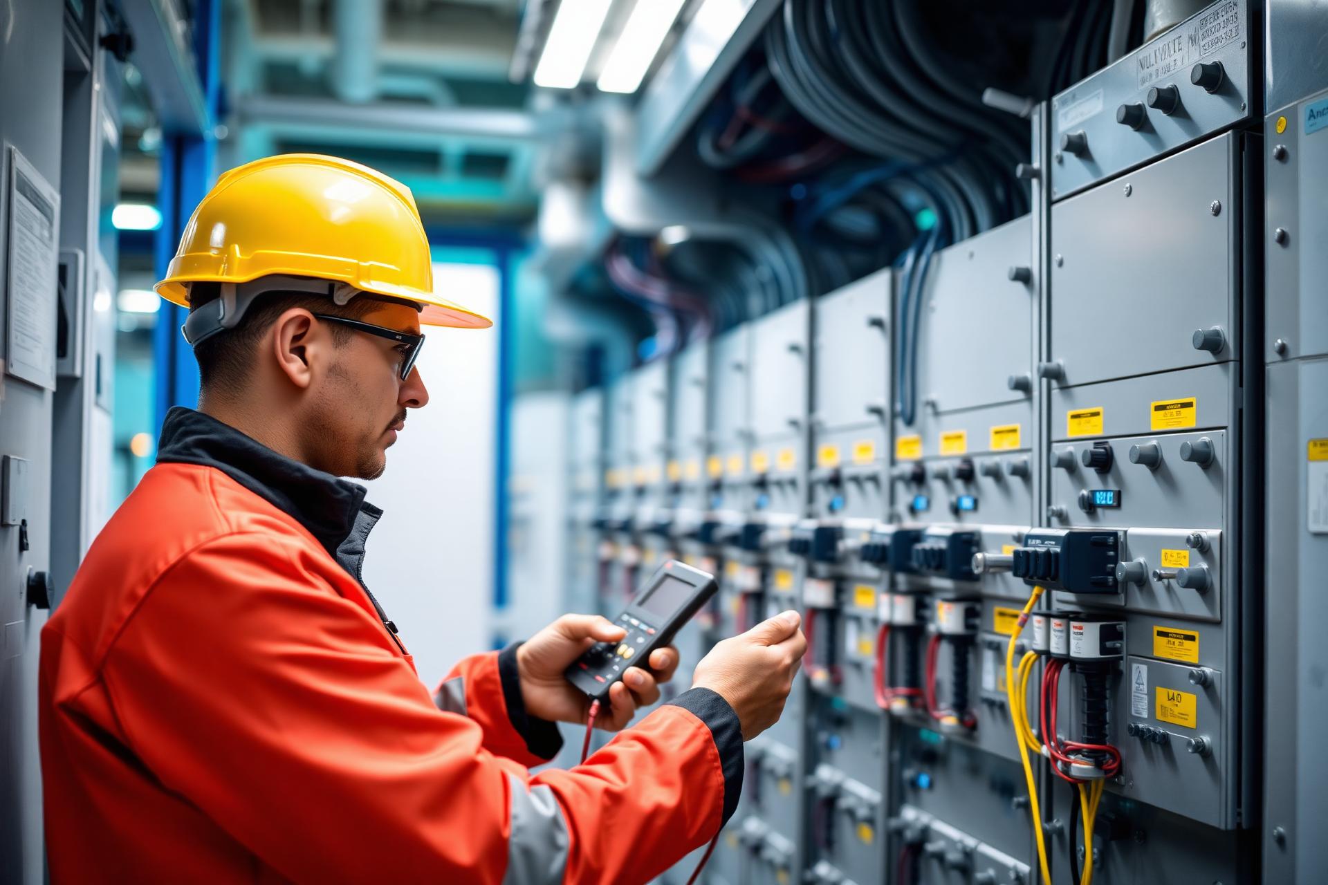 Inspecteur controleert verdeelkast met multimeter